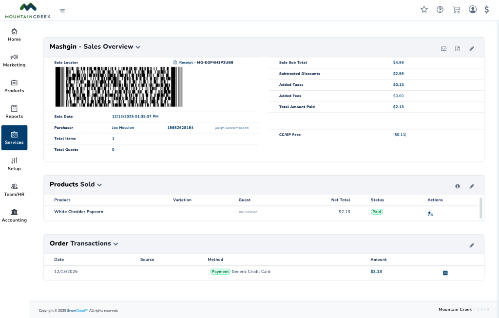 Mashgin sales displaying within SnowCloud.